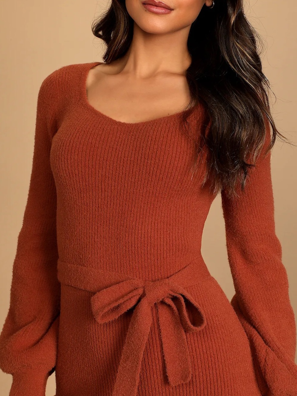 NWT Lulus Windy Days Rust Brown Knit Sweater Midi Dress Orange Balloon Sleeves S - Picture 4 of 5